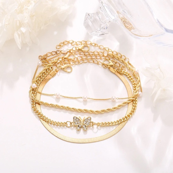 Dainty Gold Color 4 Piece Bracelet Set, Butterfly Bracelet - Picture 3 of 7